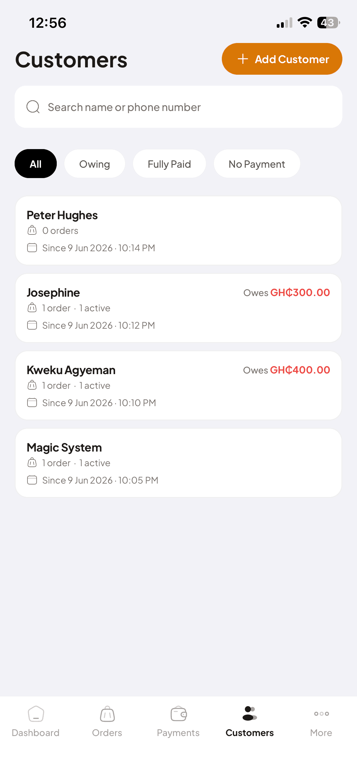 Tailor Adanfo customer management app showing client profiles, order history and outstanding balances