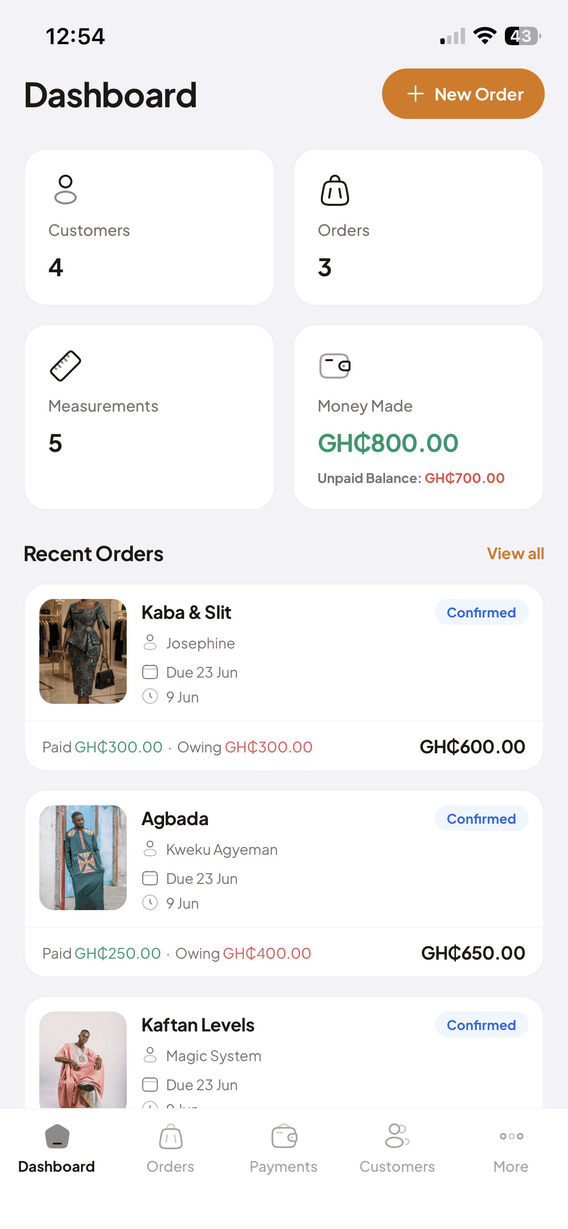 Tailor Adanfo dashboard showing orders, customers and revenue