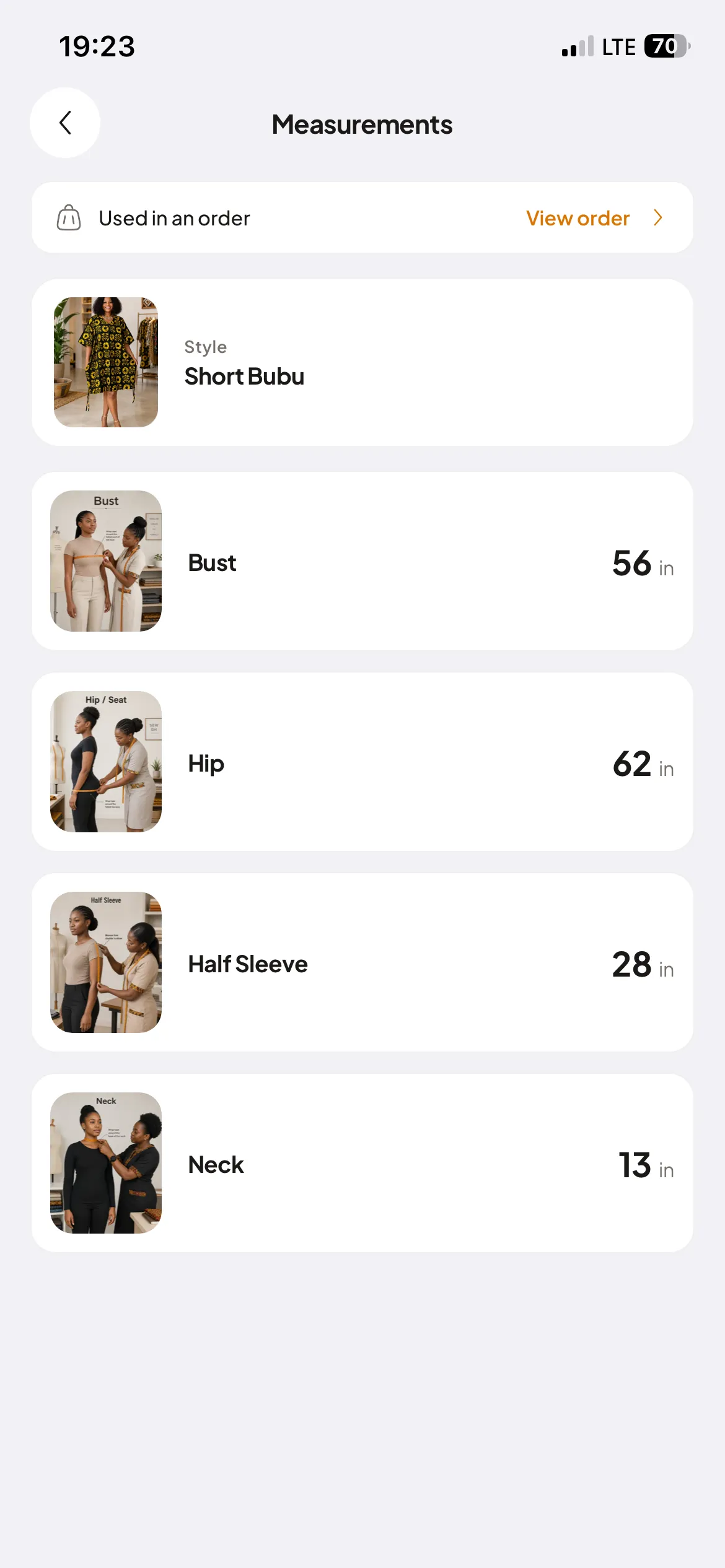Tailor Adanfo measurement tracking app showing saved body measurements for trousers with waist, hip and length fields