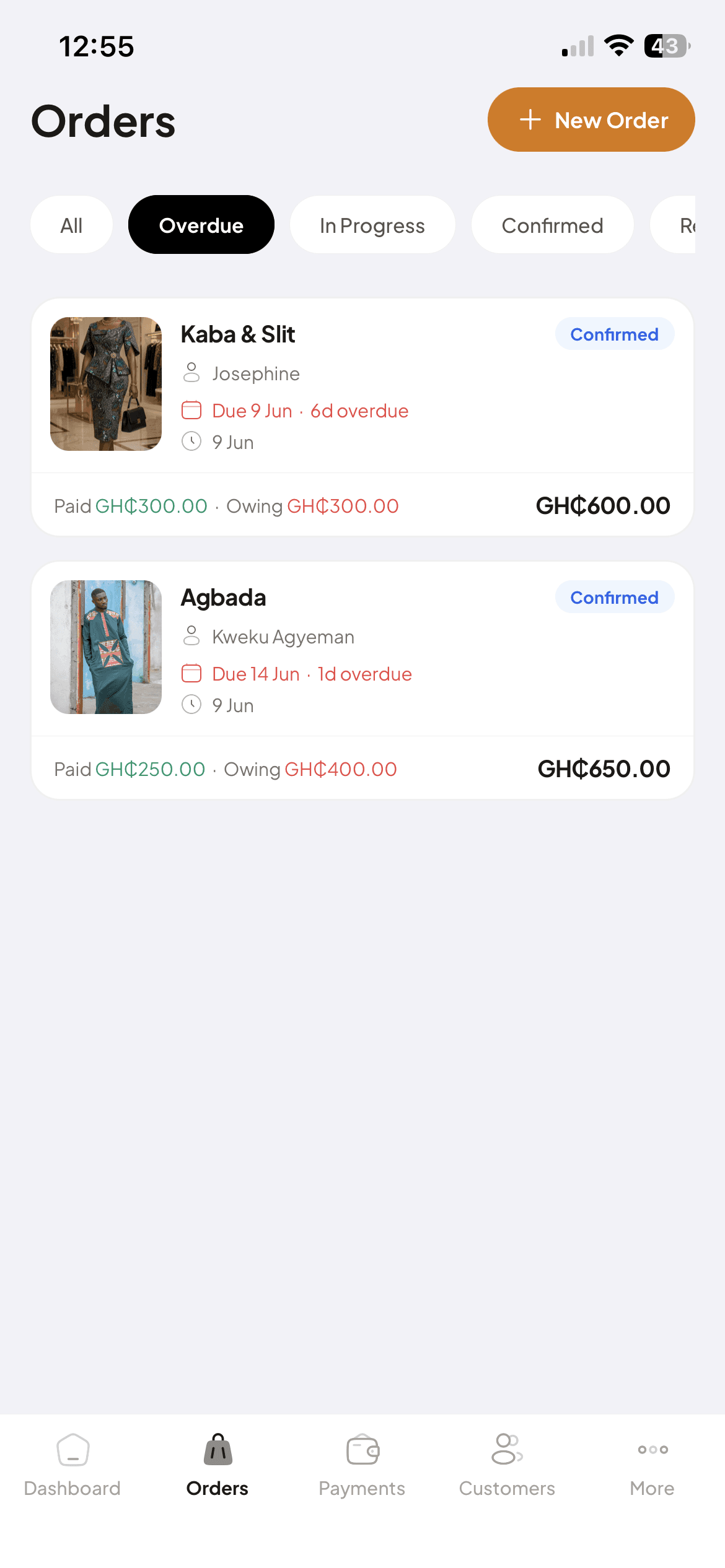 Tailor Adanfo order management app showing overdue and confirmed tailoring orders with due dates and prices