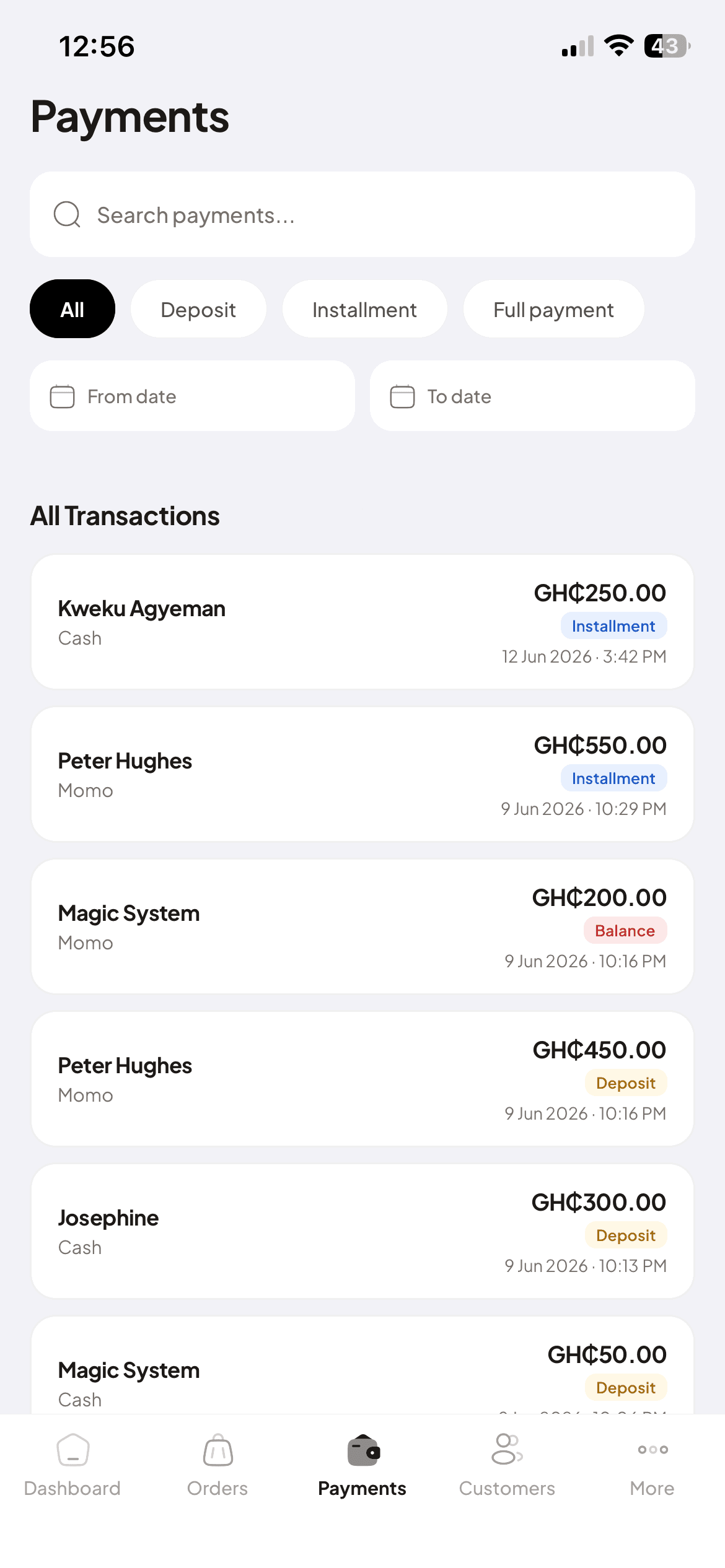 Tailor Adanfo payment tracking app showing deposits, instalments and balances for tailoring orders